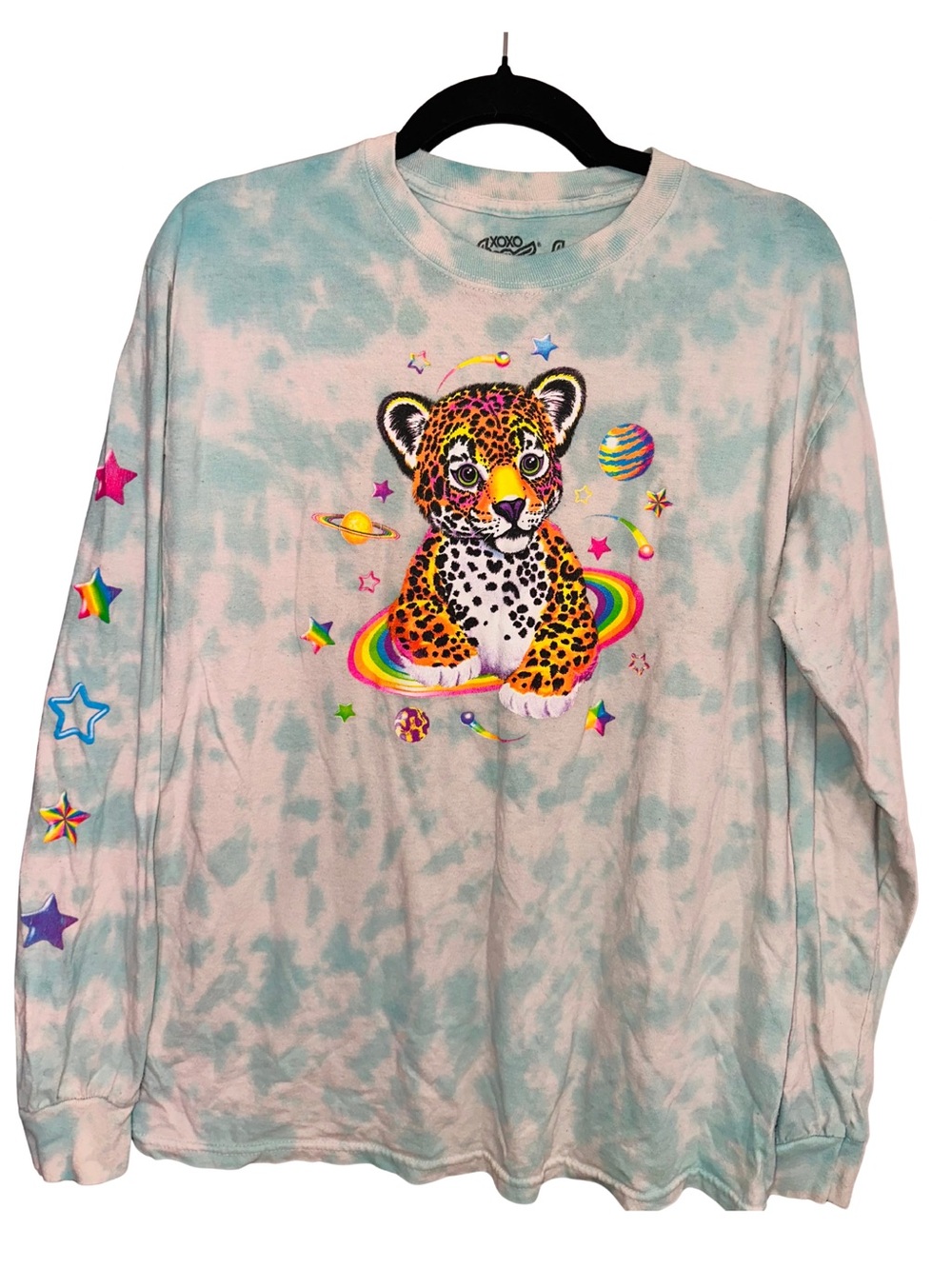 Lisa Frank Pastel Aqua Tie-Dye Long Sleeve with Neon Leopard Cub Graphic